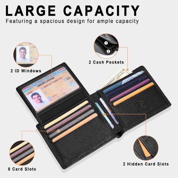 ⚡Travelambo Men Lychee Black Genuine Leather Handmade Bifold Stylish Wallets - Picture 5 of 9